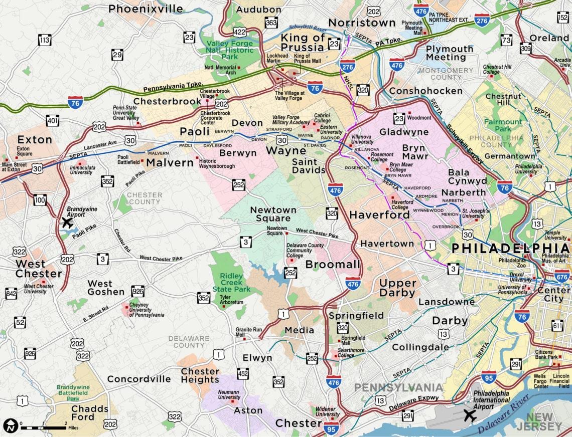 kort af helstu línu Philadelphia