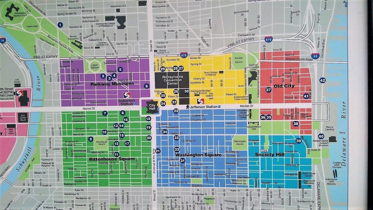 kort af miðborg Philadelphia